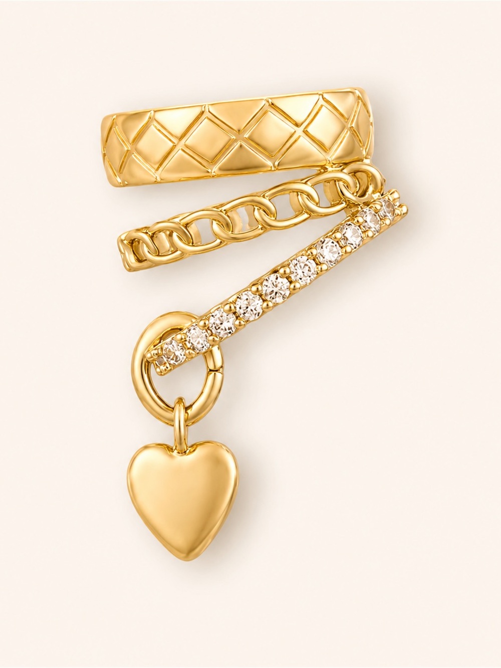 14K Gold Plated Rhodium Crystal Heart Ear Cuff Multi-Row Chain Chic Jewelry